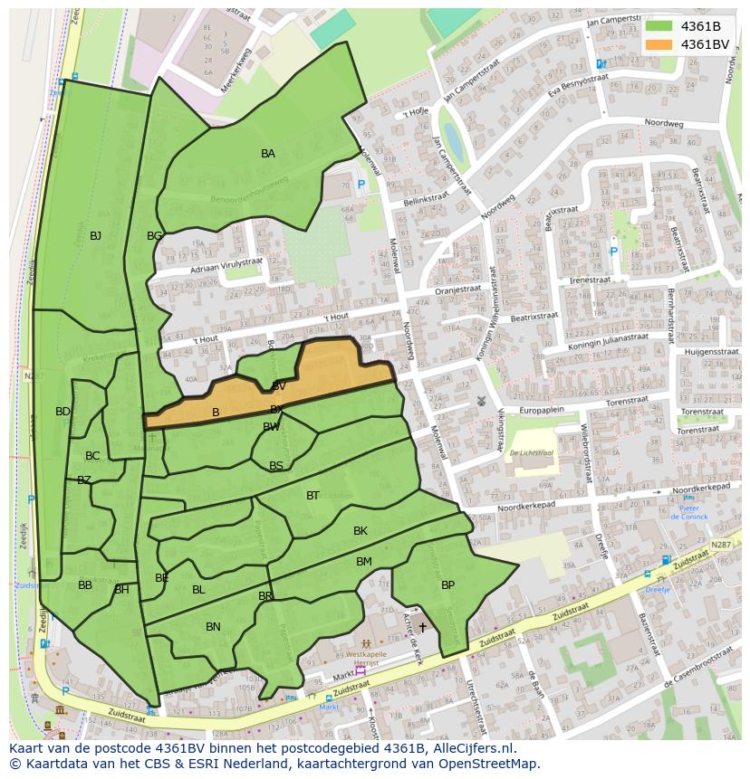 Afbeelding van het postcodegebied 4361 BV op de kaart.
