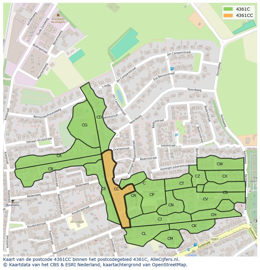 Afbeelding van het postcodegebied 4361 CC op de kaart.