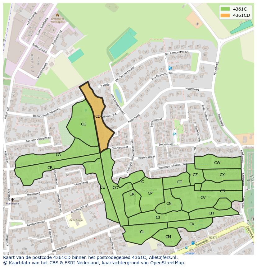 Afbeelding van het postcodegebied 4361 CD op de kaart.