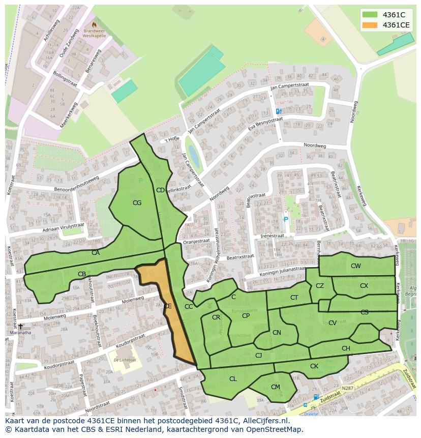 Afbeelding van het postcodegebied 4361 CE op de kaart.