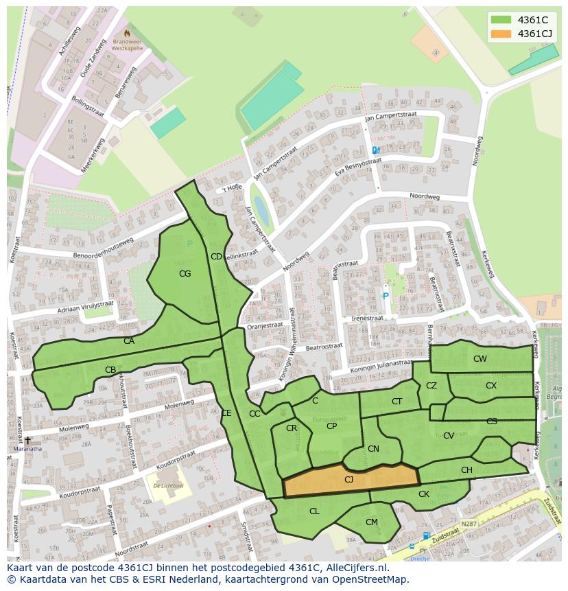 Afbeelding van het postcodegebied 4361 CJ op de kaart.