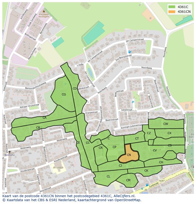 Afbeelding van het postcodegebied 4361 CN op de kaart.