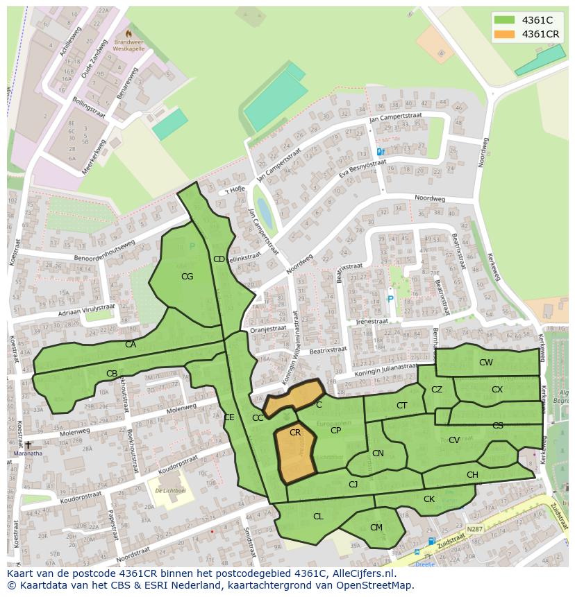 Afbeelding van het postcodegebied 4361 CR op de kaart.