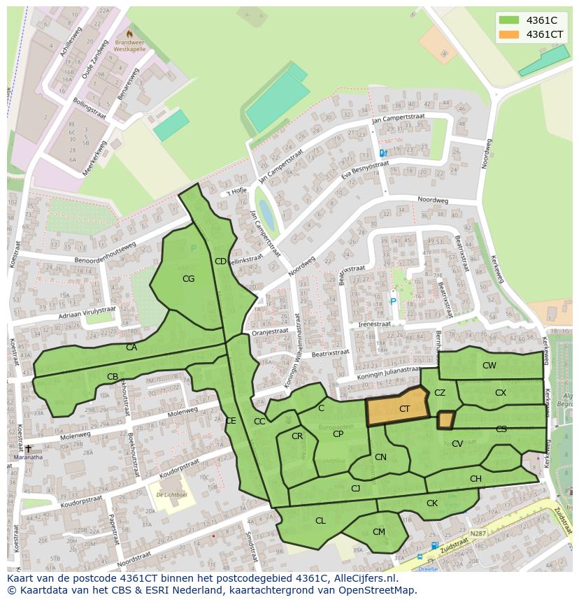 Afbeelding van het postcodegebied 4361 CT op de kaart.
