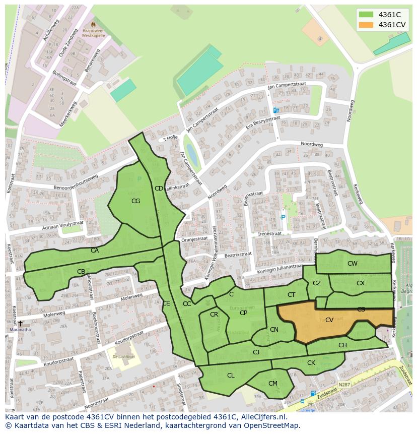 Afbeelding van het postcodegebied 4361 CV op de kaart.