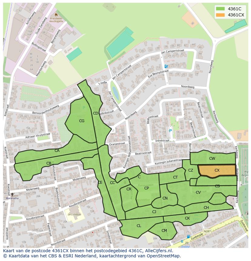 Afbeelding van het postcodegebied 4361 CX op de kaart.