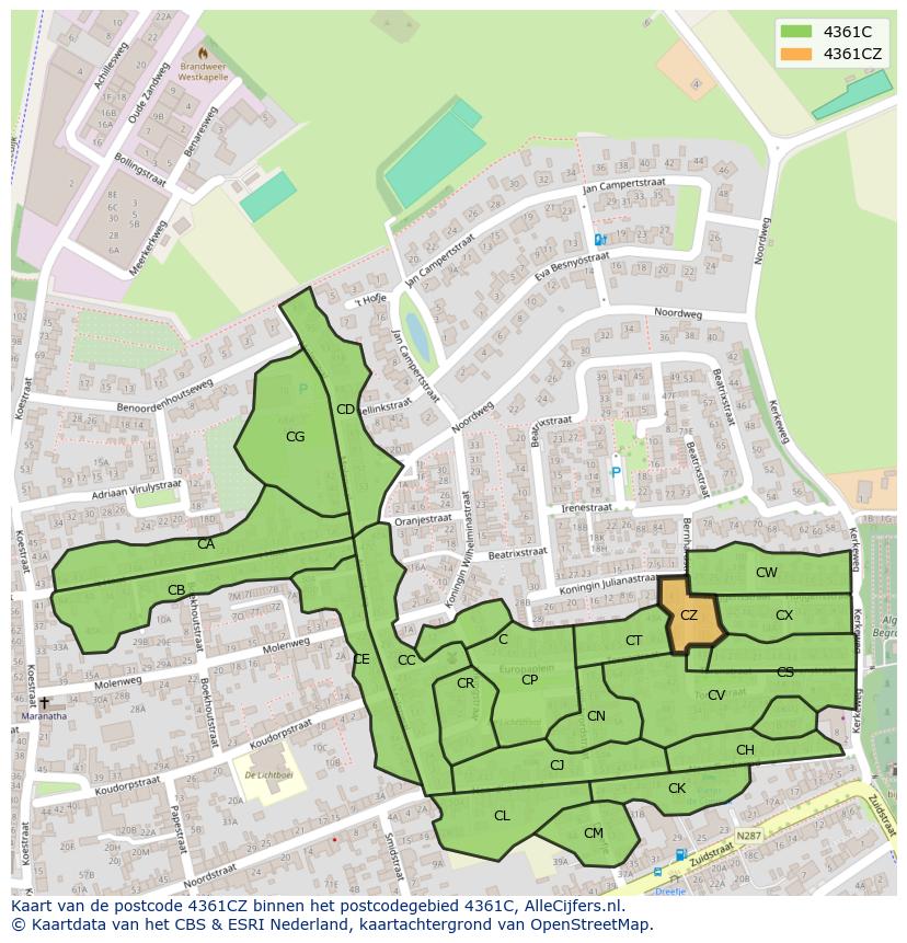 Afbeelding van het postcodegebied 4361 CZ op de kaart.