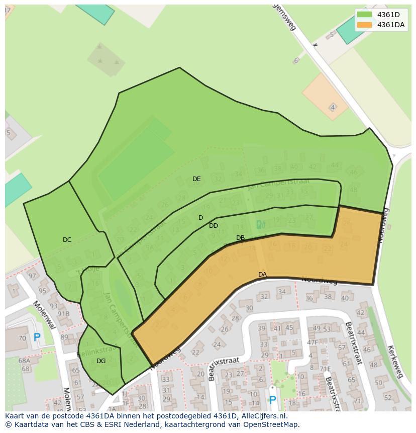 Afbeelding van het postcodegebied 4361 DA op de kaart.