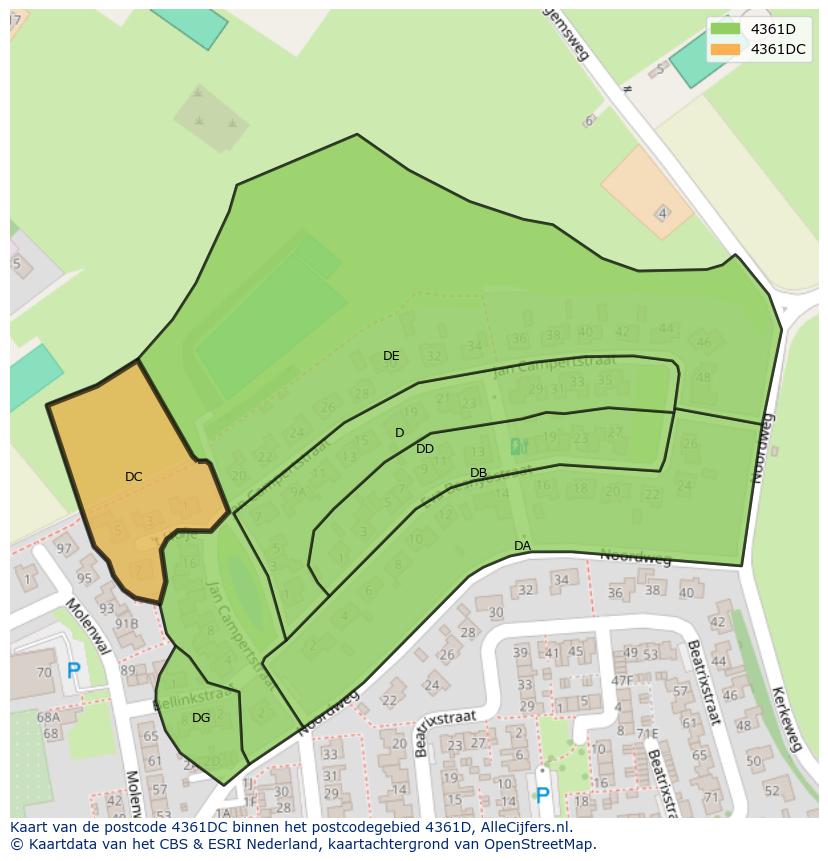 Afbeelding van het postcodegebied 4361 DC op de kaart.