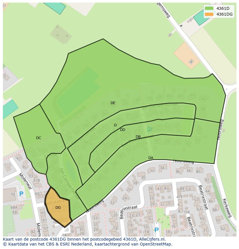 Afbeelding van het postcodegebied 4361 DG op de kaart.