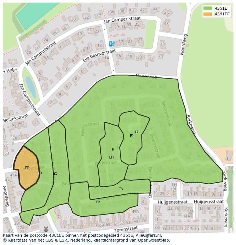 Afbeelding van het postcodegebied 4361 EE op de kaart.