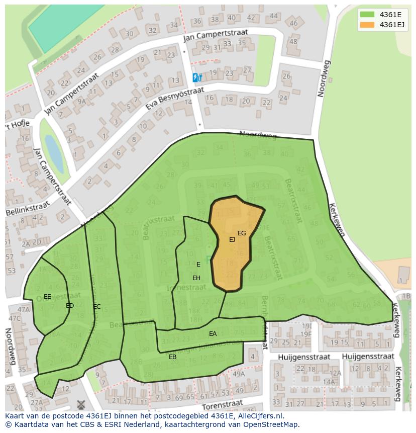 Afbeelding van het postcodegebied 4361 EJ op de kaart.