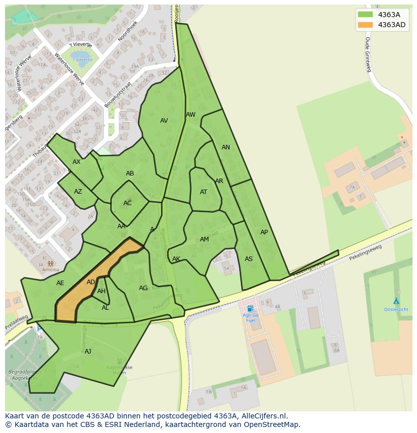 Afbeelding van het postcodegebied 4363 AD op de kaart.