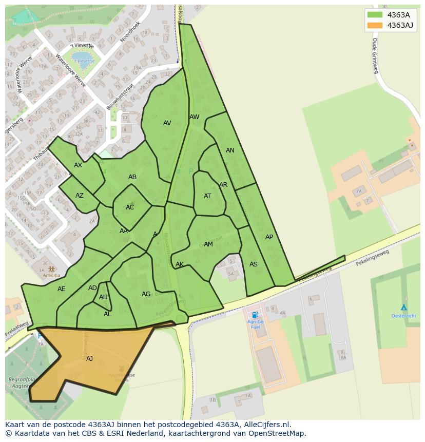 Afbeelding van het postcodegebied 4363 AJ op de kaart.