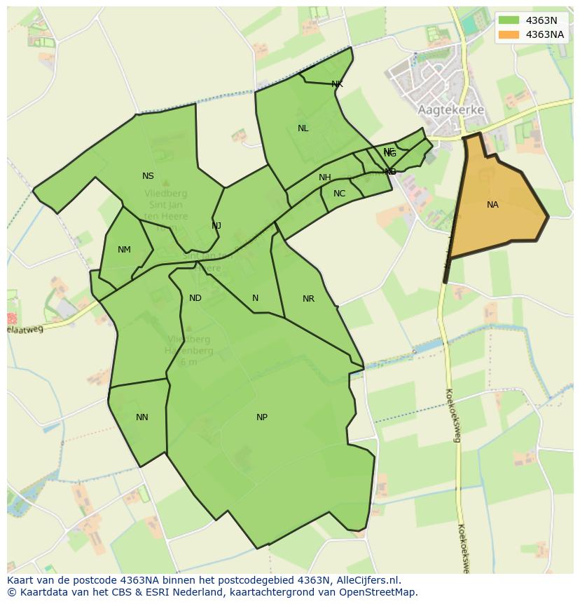 Afbeelding van het postcodegebied 4363 NA op de kaart.