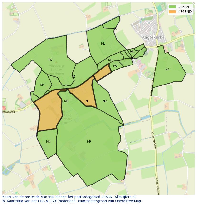 Afbeelding van het postcodegebied 4363 ND op de kaart.