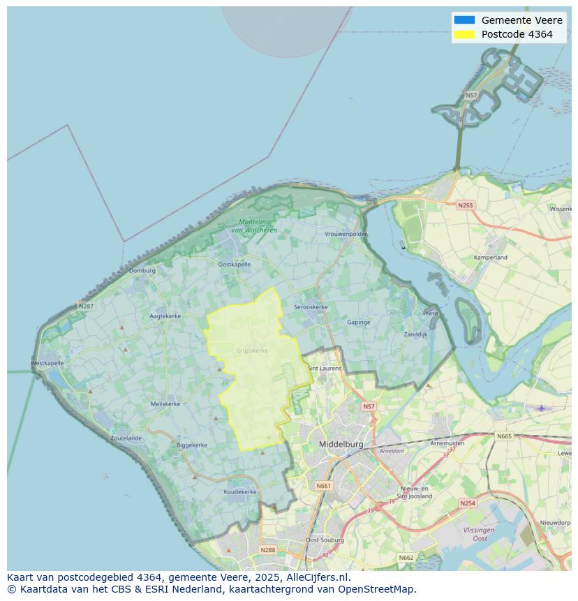 Afbeelding van het postcodegebied 4364 op de kaart.