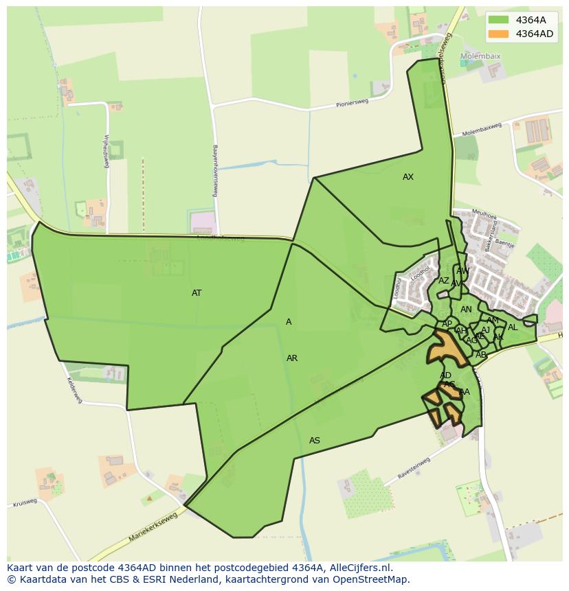 Afbeelding van het postcodegebied 4364 AD op de kaart.