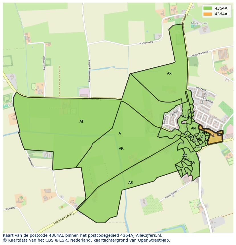 Afbeelding van het postcodegebied 4364 AL op de kaart.
