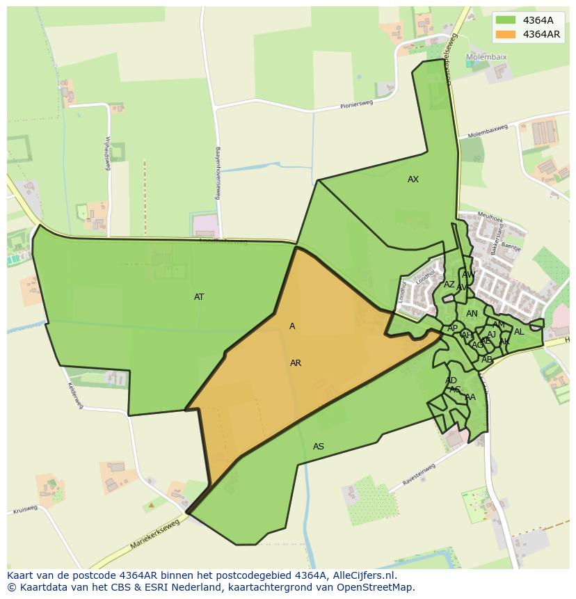 Afbeelding van het postcodegebied 4364 AR op de kaart.