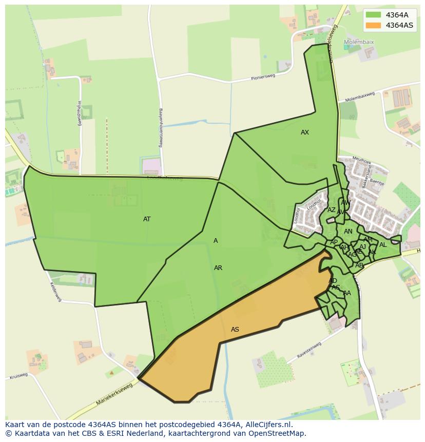 Afbeelding van het postcodegebied 4364 AS op de kaart.