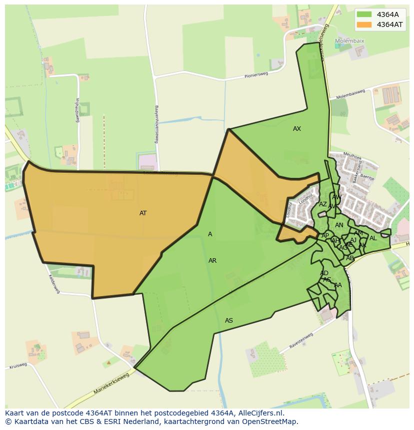 Afbeelding van het postcodegebied 4364 AT op de kaart.