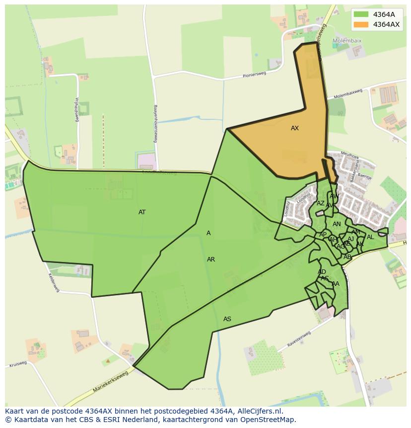 Afbeelding van het postcodegebied 4364 AX op de kaart.