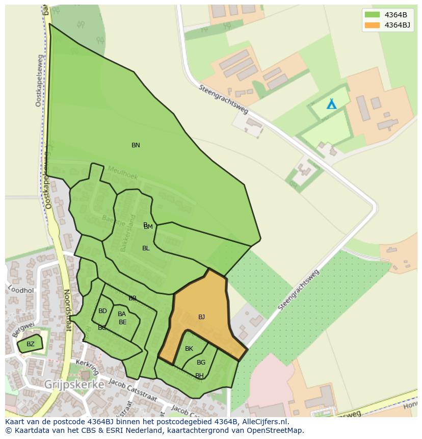 Afbeelding van het postcodegebied 4364 BJ op de kaart.