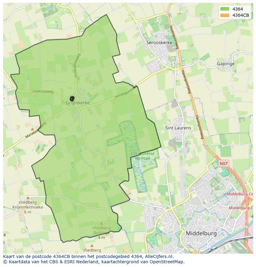 Afbeelding van het postcodegebied 4364 CB op de kaart.