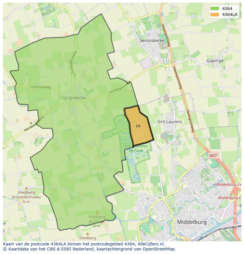 Afbeelding van het postcodegebied 4364 LA op de kaart.