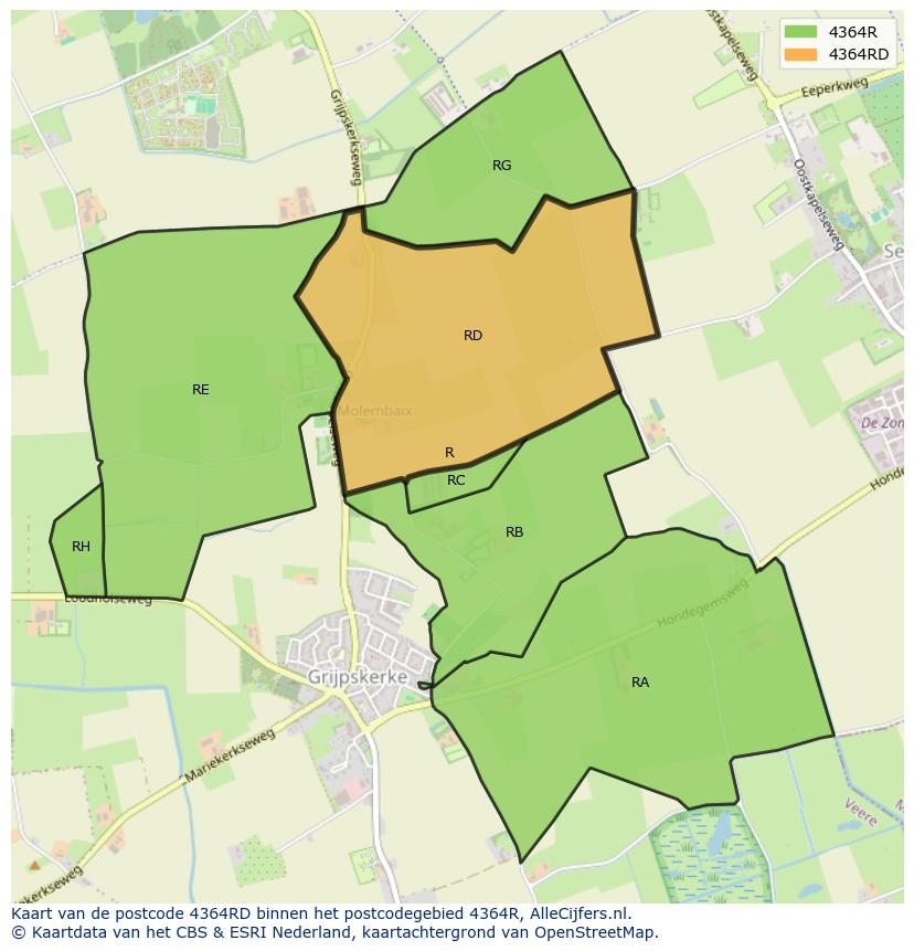 Afbeelding van het postcodegebied 4364 RD op de kaart.