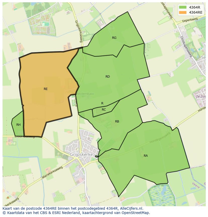 Afbeelding van het postcodegebied 4364 RE op de kaart.