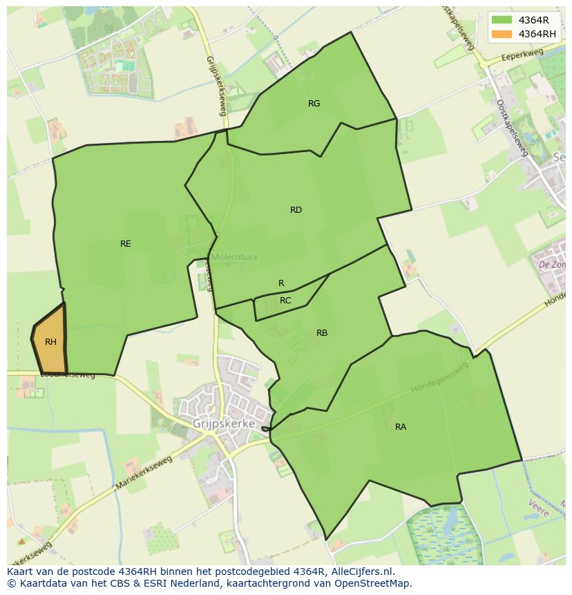 Afbeelding van het postcodegebied 4364 RH op de kaart.