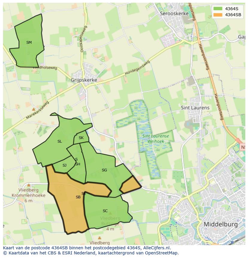 Afbeelding van het postcodegebied 4364 SB op de kaart.