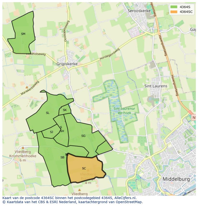 Afbeelding van het postcodegebied 4364 SC op de kaart.