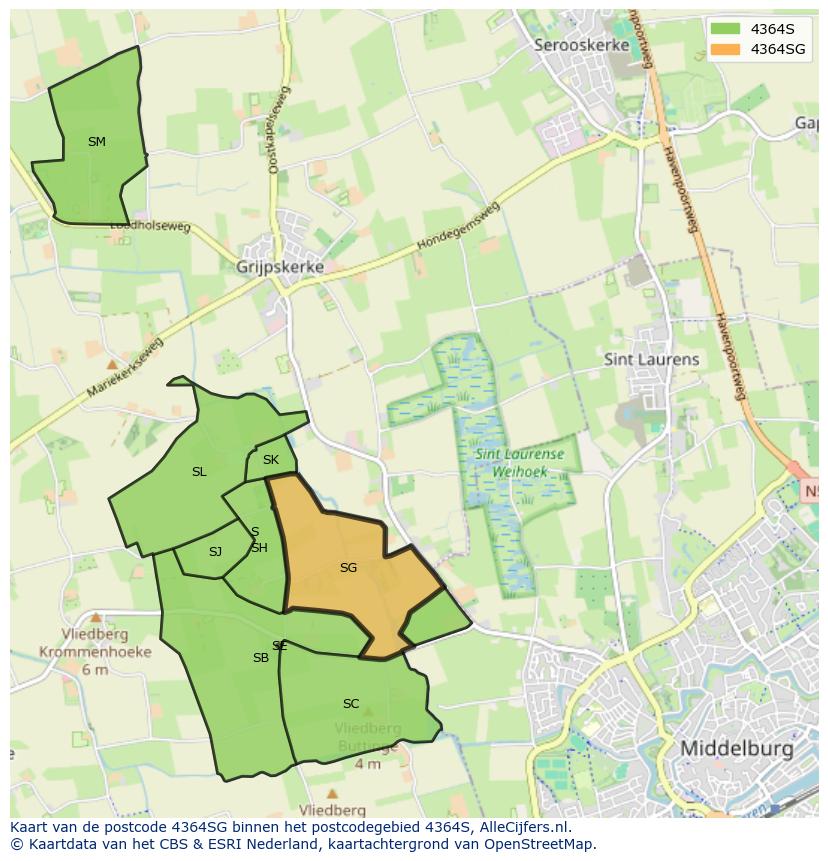 Afbeelding van het postcodegebied 4364 SG op de kaart.