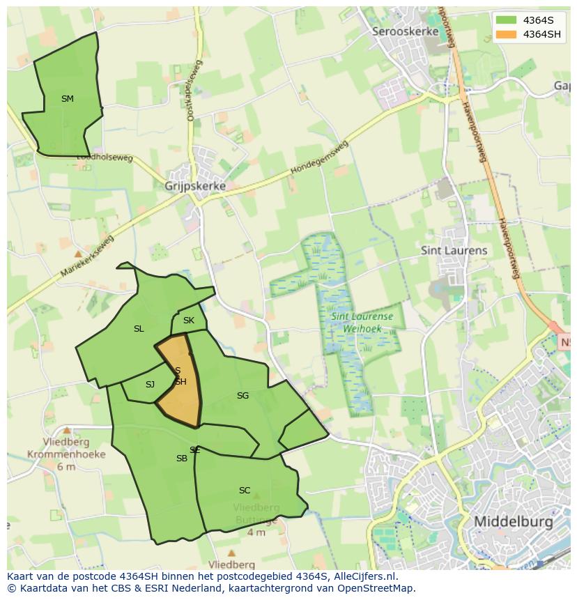Afbeelding van het postcodegebied 4364 SH op de kaart.