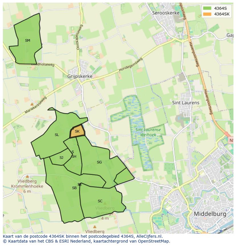 Afbeelding van het postcodegebied 4364 SK op de kaart.