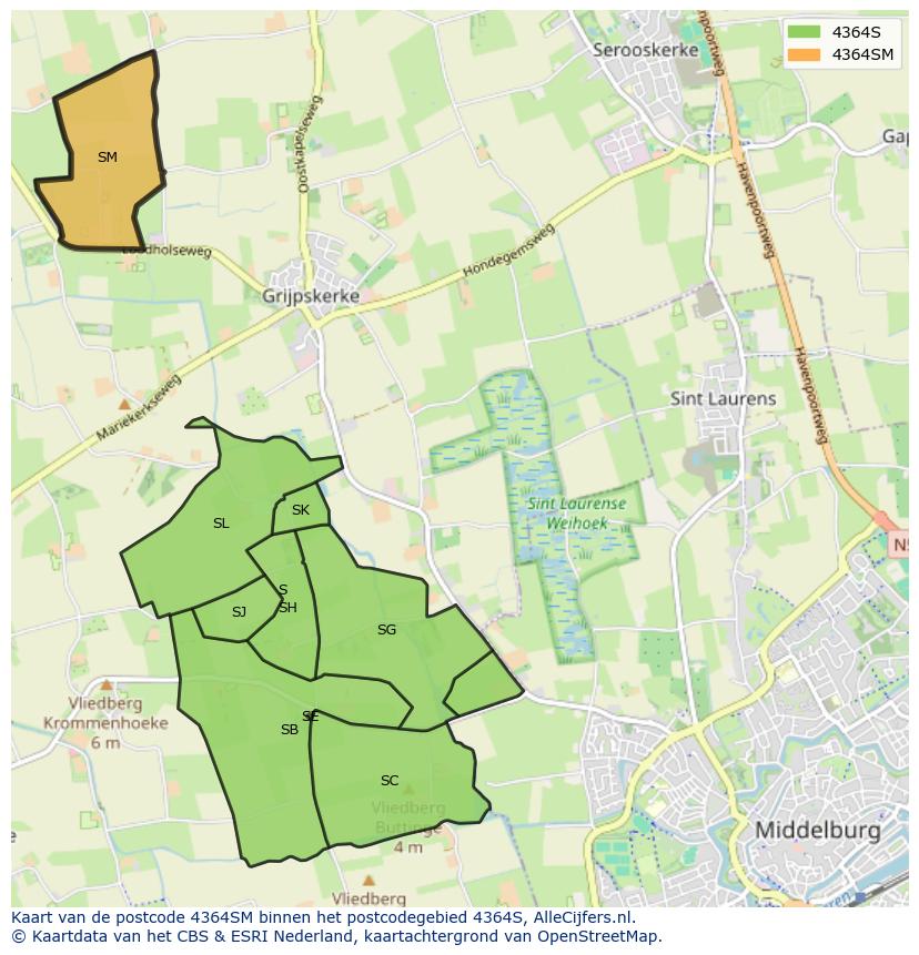 Afbeelding van het postcodegebied 4364 SM op de kaart.