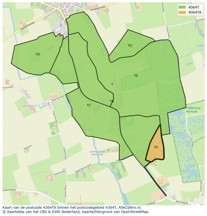 Afbeelding van het postcodegebied 4364 TA op de kaart.