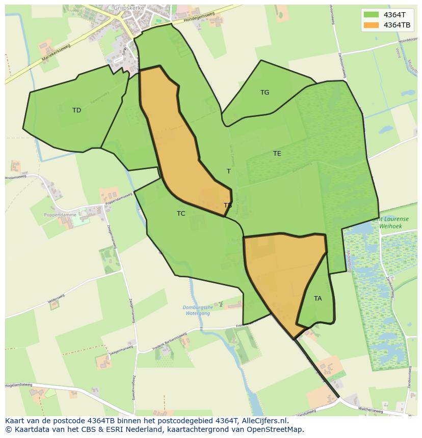Afbeelding van het postcodegebied 4364 TB op de kaart.