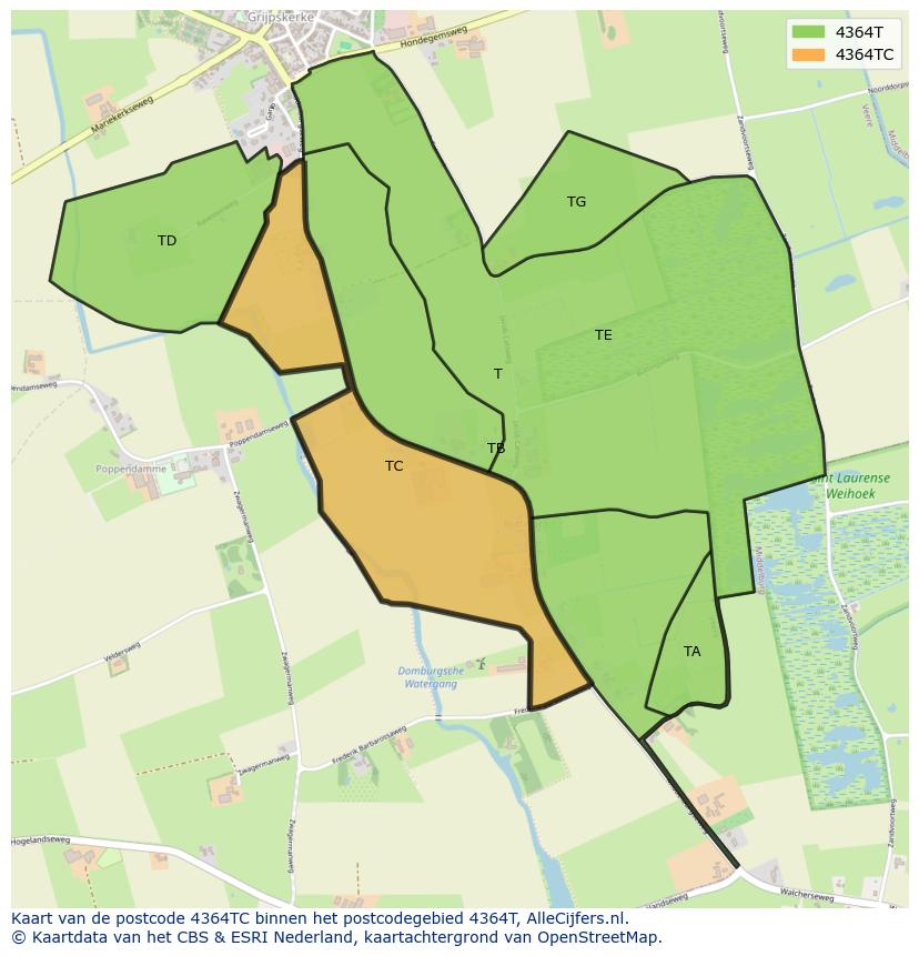 Afbeelding van het postcodegebied 4364 TC op de kaart.