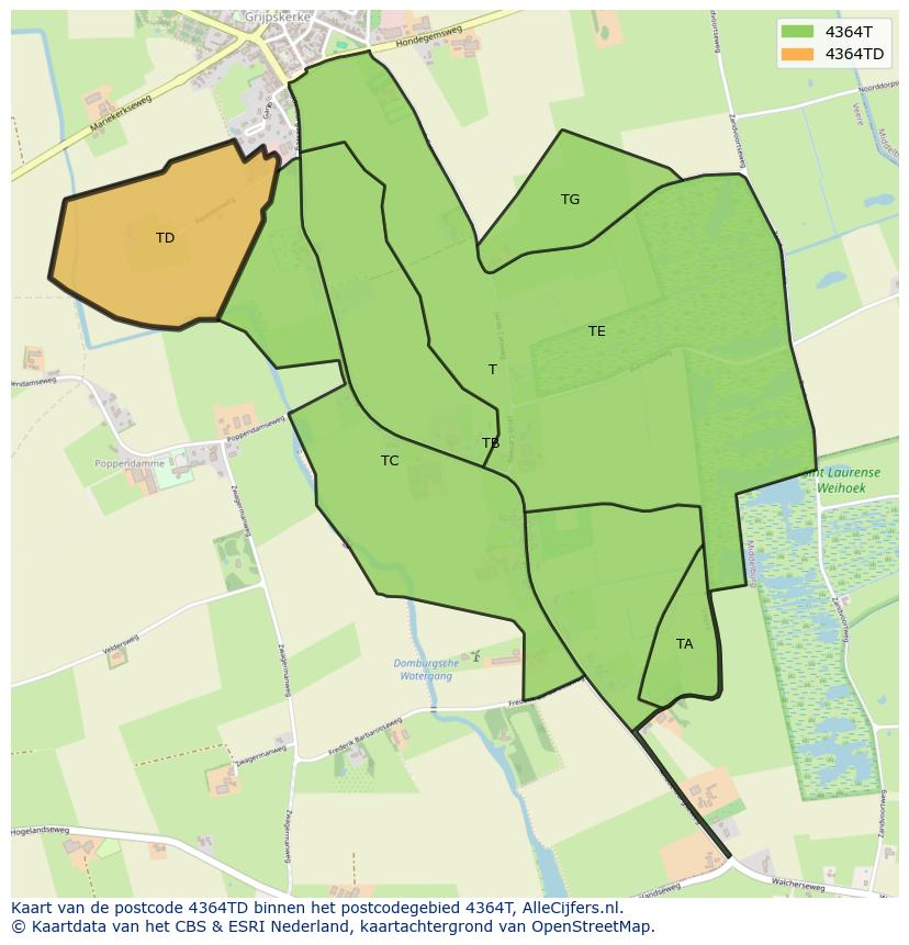 Afbeelding van het postcodegebied 4364 TD op de kaart.