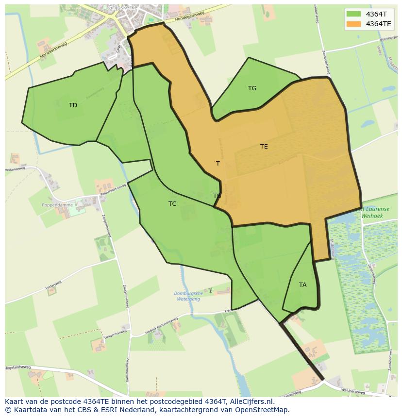 Afbeelding van het postcodegebied 4364 TE op de kaart.