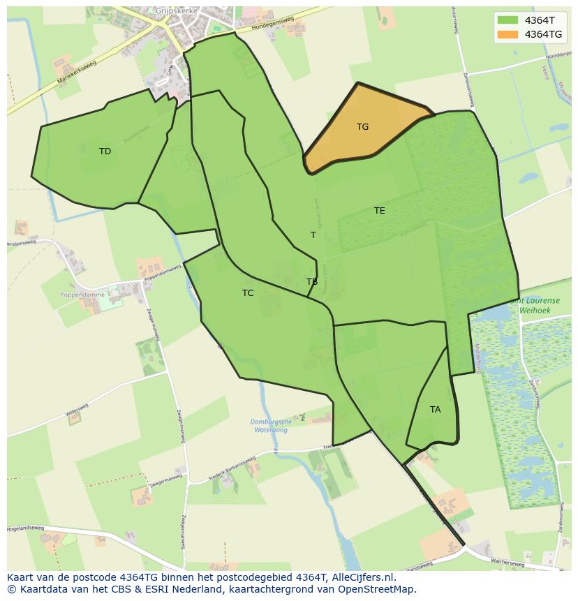 Afbeelding van het postcodegebied 4364 TG op de kaart.