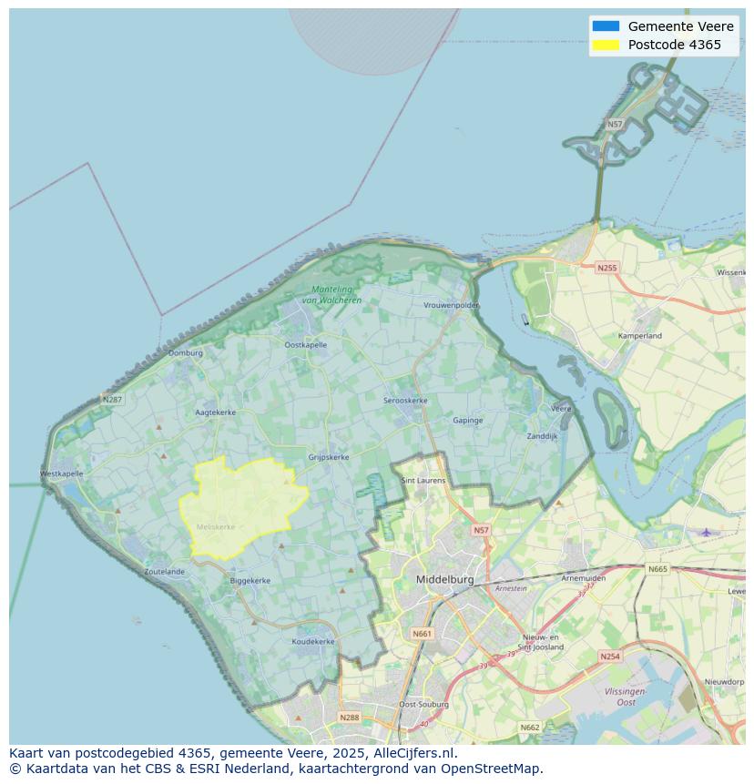 Afbeelding van het postcodegebied 4365 op de kaart.
