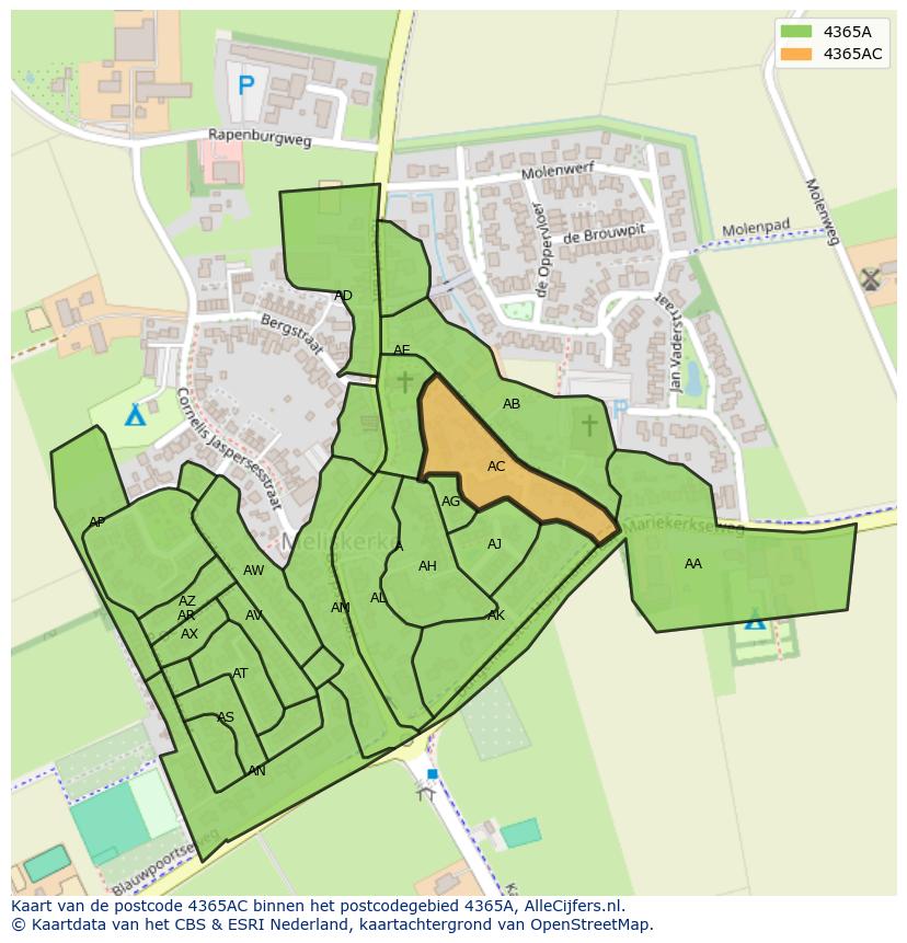 Afbeelding van het postcodegebied 4365 AC op de kaart.