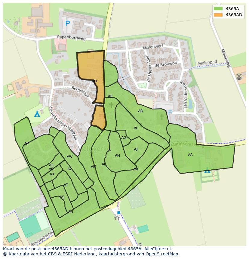 Afbeelding van het postcodegebied 4365 AD op de kaart.