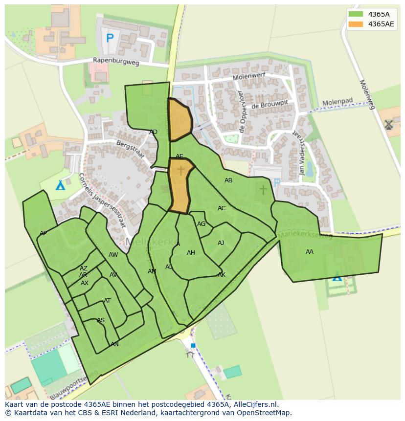 Afbeelding van het postcodegebied 4365 AE op de kaart.