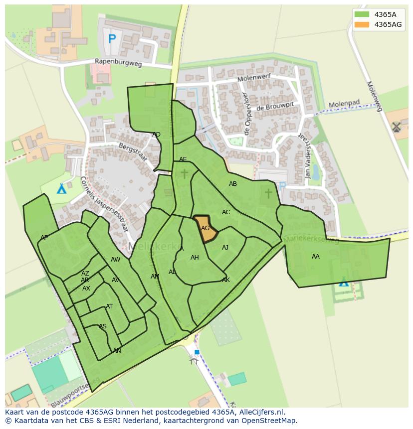 Afbeelding van het postcodegebied 4365 AG op de kaart.